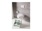 Wall-mounted toilet with a child seat, toilet paper holder, and a step stool with toys.
