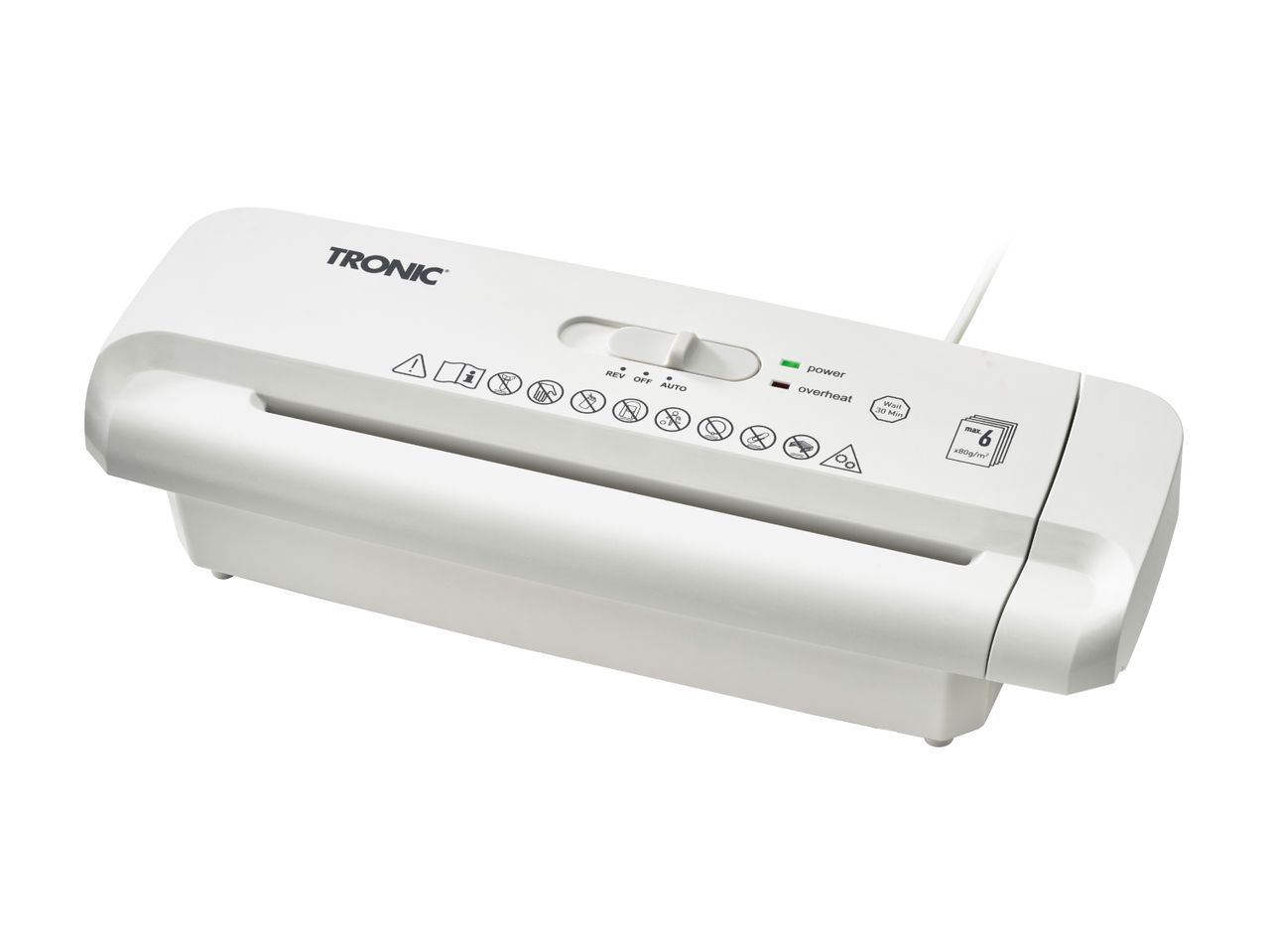 En hvid Fellowes papirshredder.