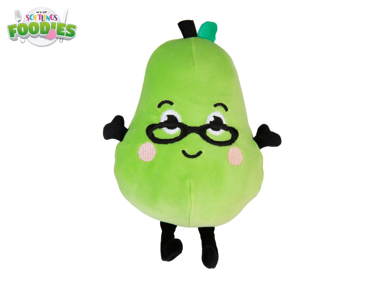 Green pear plush toy with glasses and a smile, from the 'Oh So Soft Softlings Foodies' collection.
