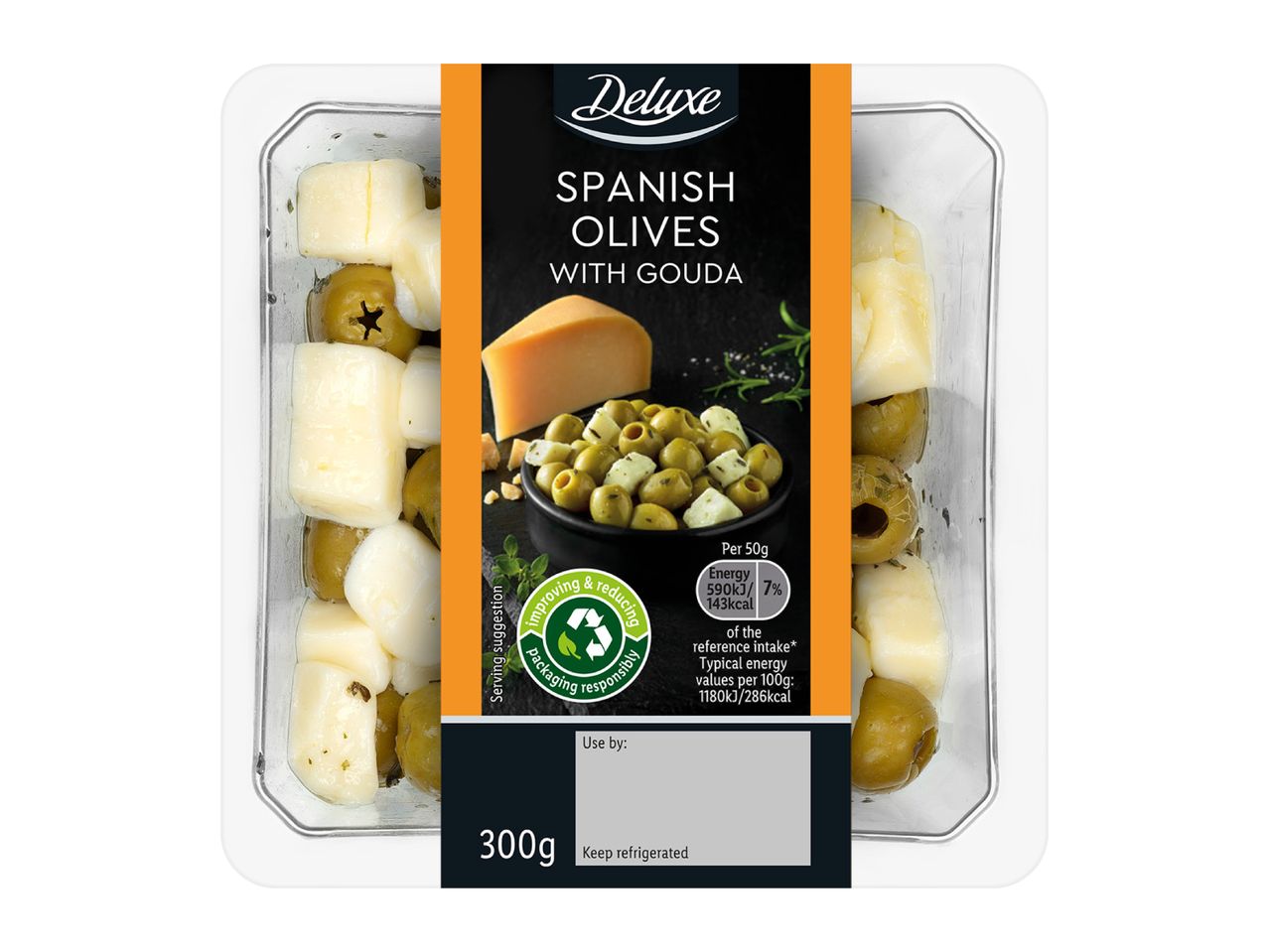 A clear plastic container of Spanish olives with Gouda cheese cubes, with a label showing product details.