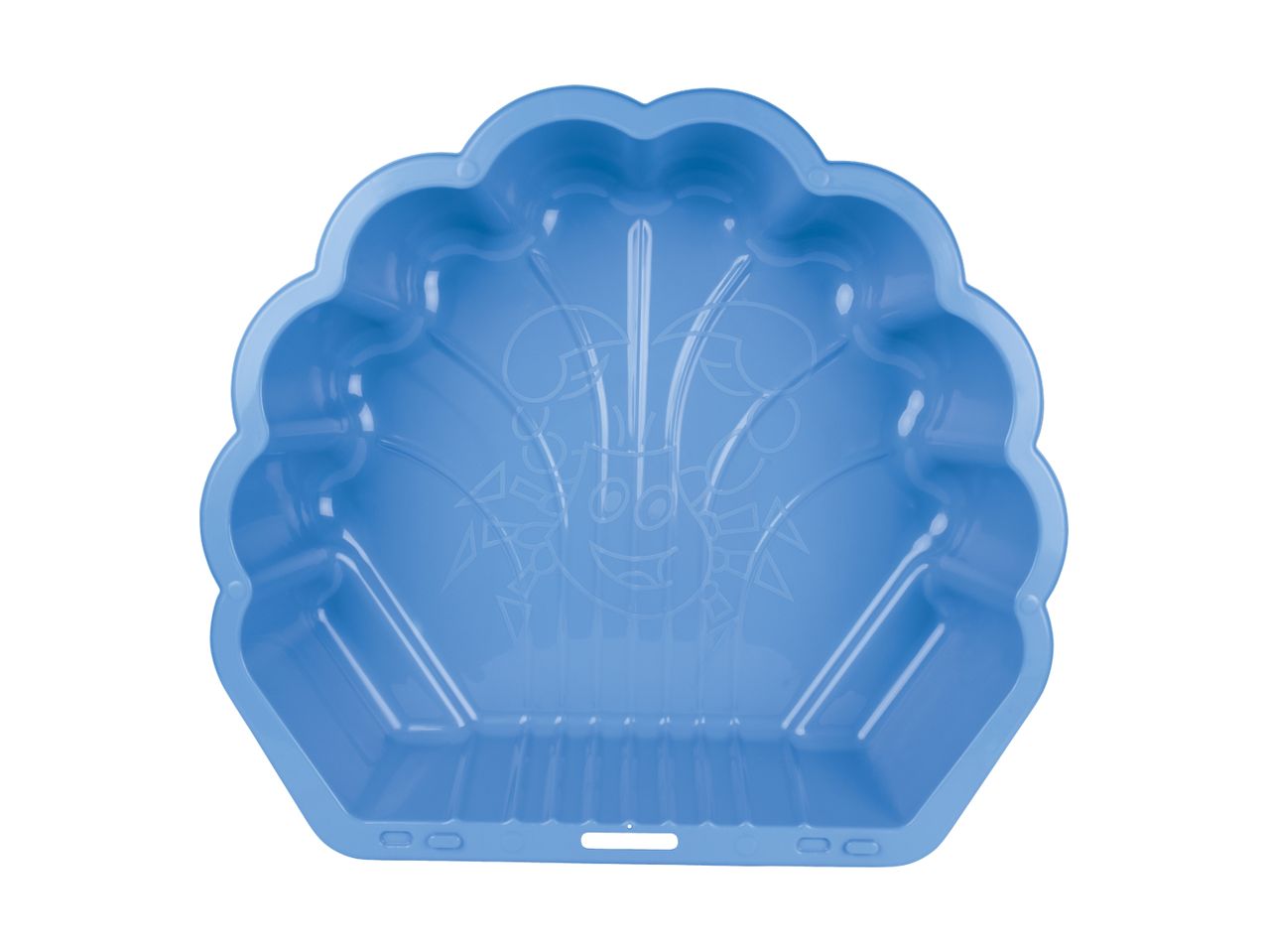 Blue shell-shaped sandpit or paddling pool with a sun design on the bottom