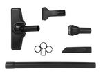 A set of black vacuum cleaner attachments, including a floor nozzle, crevice tool, brush, and extension tube.