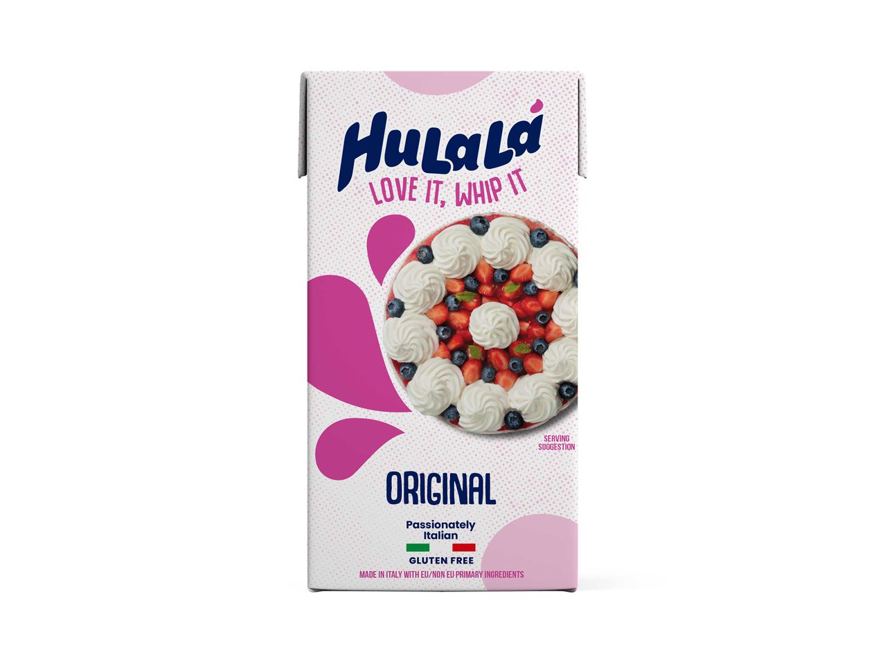 Hulala Original tejszín, „Love it, whip it” felirattal és gyümölcsös tortával.