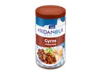 Gyros seasoning in a shaker with a Greek-themed label showing gyros meat and bread.