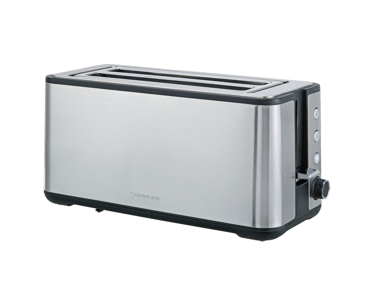 Stainless steel toaster with two long slots and control buttons on the side.