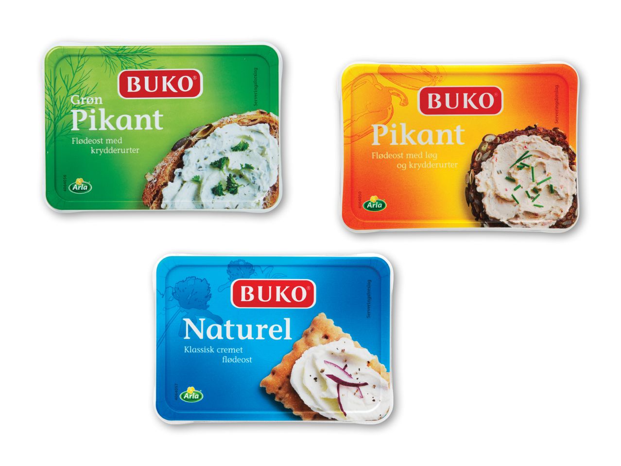 Tre pakker BUKO flødeost: grøn pikant, orange pikant og blå naturel.