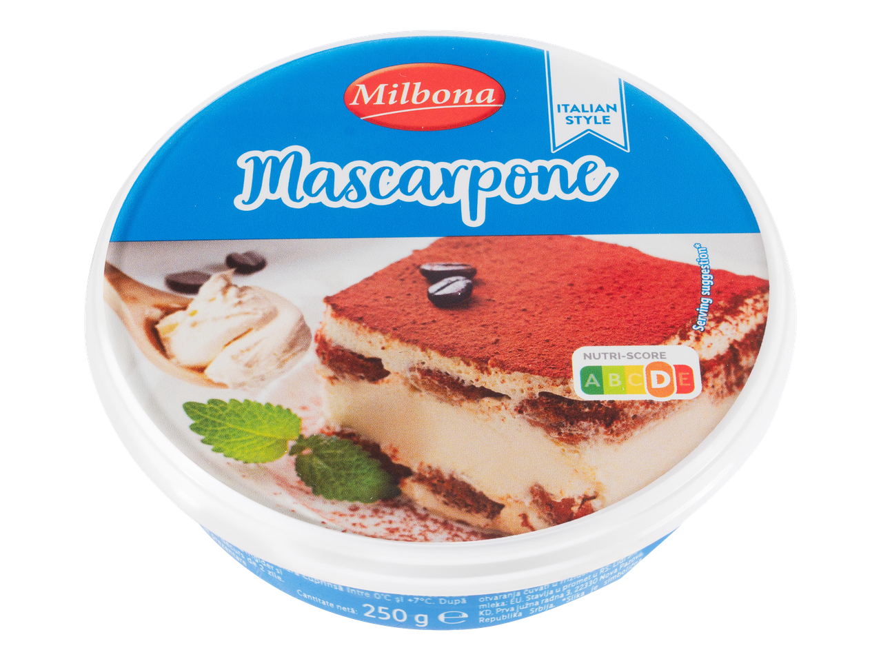 Mascarpone krémsajt, olasz stílusú, Nutri-Score A-D jelöléssel, 250g-os kiszerelésben.