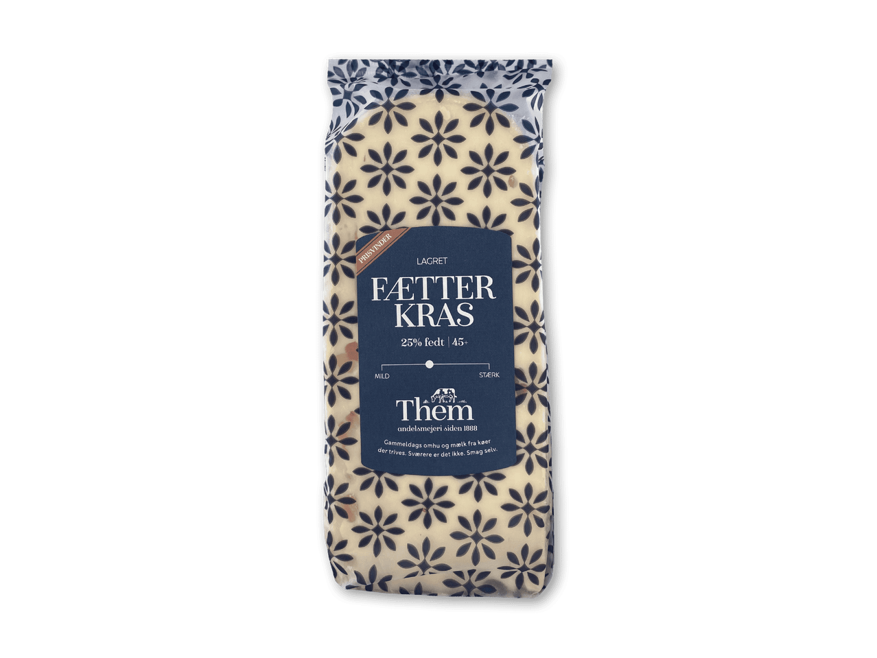 En pakke ost med et mønster af mørkeblå blomster og teksten 'Fætter Kras'.