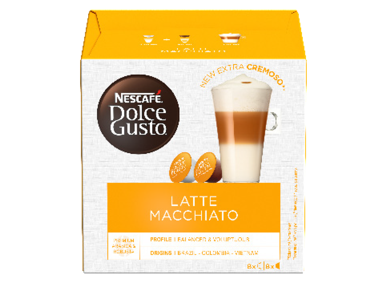 Nescafé Dolce Gusto Latte Macchiato kapsulu iepakojums ar dzēriena attēlu.