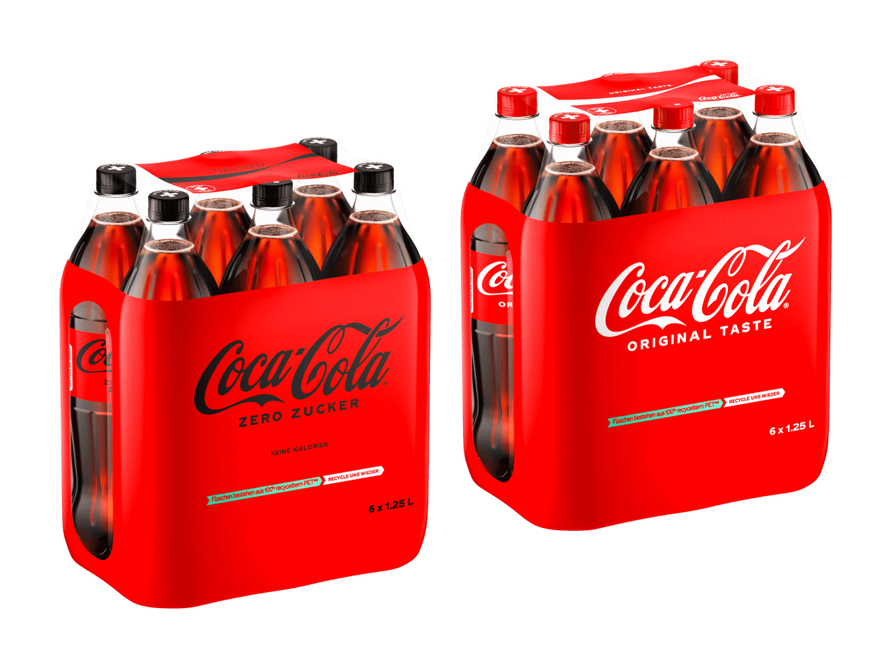 Zwei 6er-Packs Coca-Cola Flaschen, einmal Zero Zucker und einmal Original Taste.