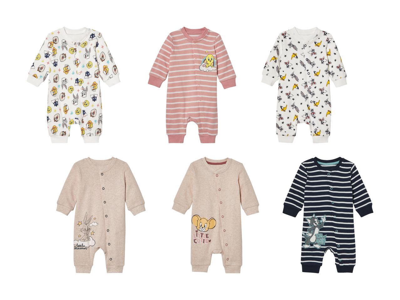 Sæt med seks baby-onesies med Looney Tunes-motiver.