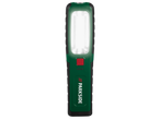 Акумулаторна LED работна лампа Parkside® в зелено и черно, с червен бутон за включване и индикатор за батерията.