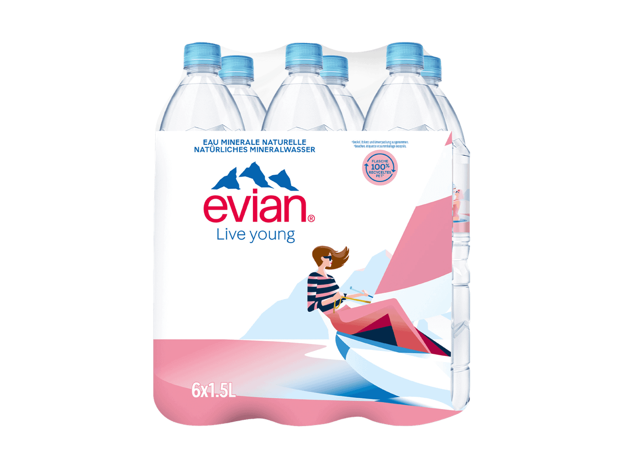 Ein Sixpack Evian Mineralwasserflaschen mit dem Slogan „Live young“ und einer Illustration.