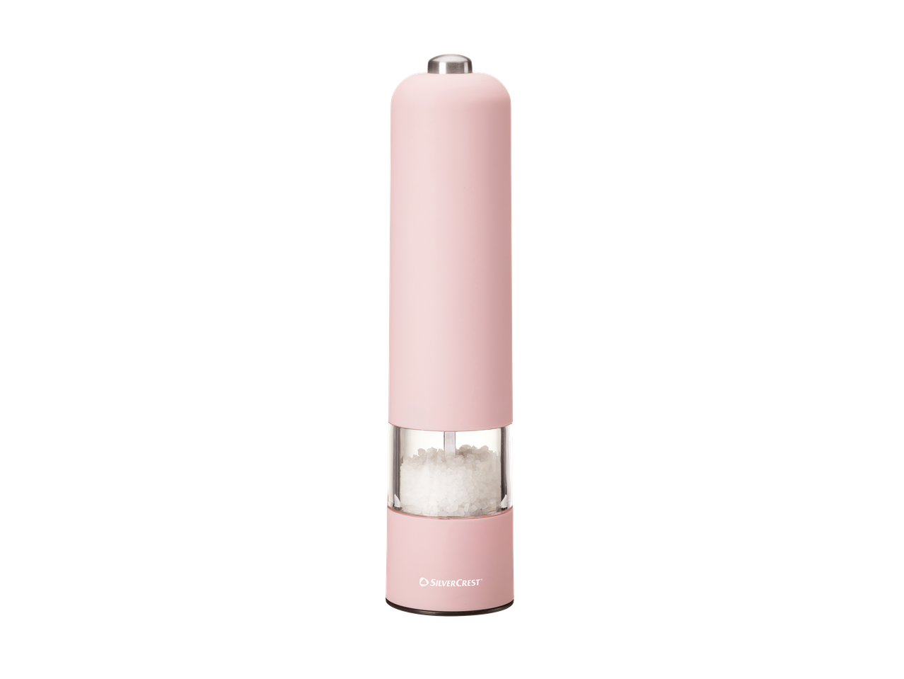 Moulin à sel ou à poivre électrique rose avec base transparente remplie de gros sel.
