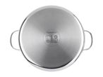 Top view of a stainless steel pot with two handles.