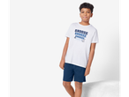 Pijamă băieți: tricou alb cu imprimeu și pantaloni scurți bleumarin.