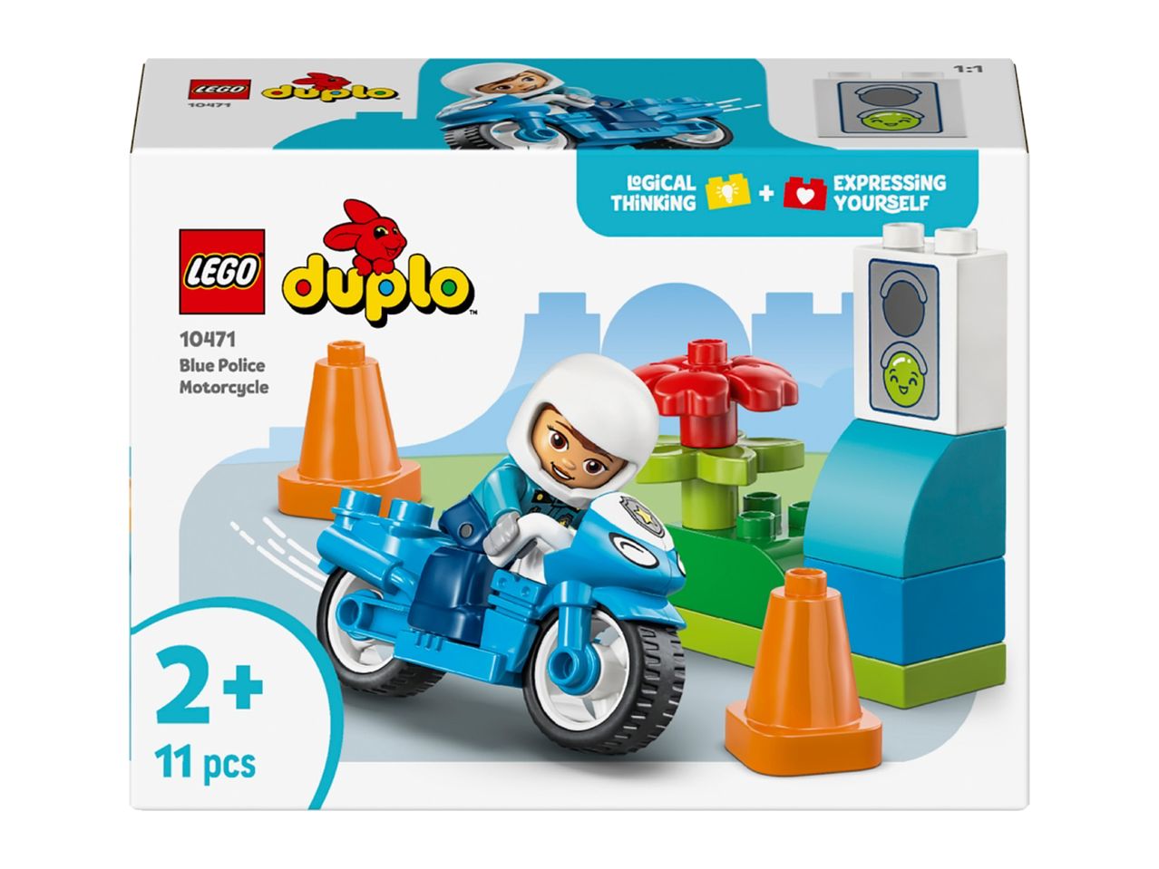 Toy police motorcycle with a figure, traffic cones, and a traffic light, 11 pieces for ages 2+