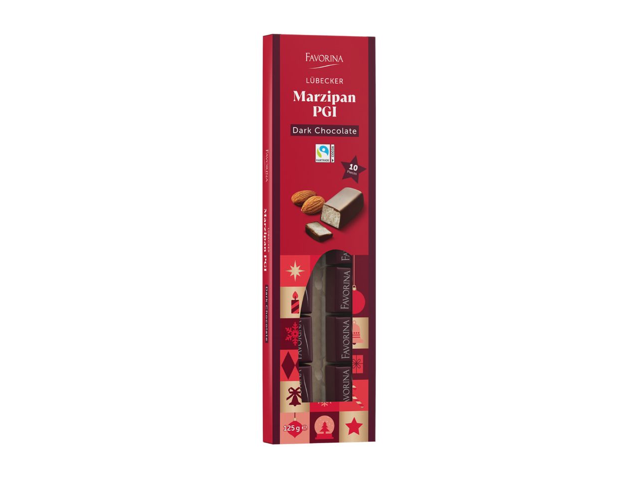 A box of dark chocolate covered marzipan pieces with festive holiday designs.