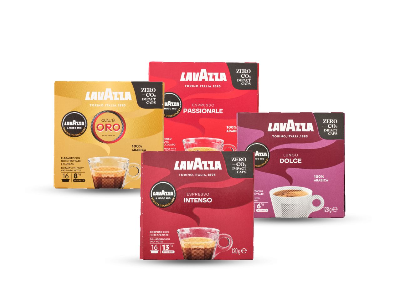 Neli pakki Lavazza kohvikapsleid, sealhulgas Qualità Oro, Espresso Passionale, Espresso Intenso ja Lungo Dolce.