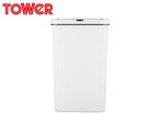 A white rectangular kitchen bin with a black trim and a red sensor on the lid.