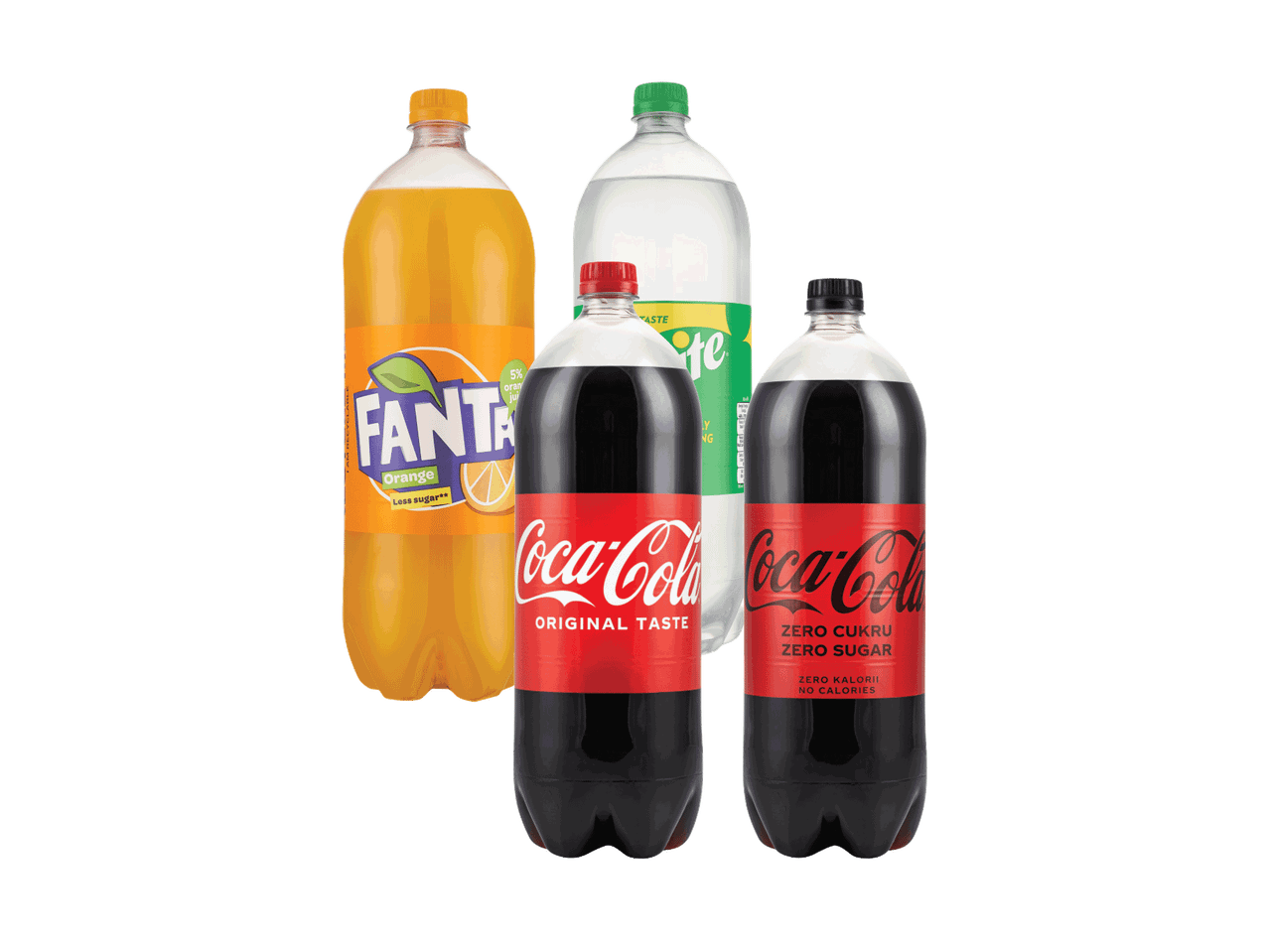 Fanta, Sprite ir Coca-Cola gėrimų buteliai.
