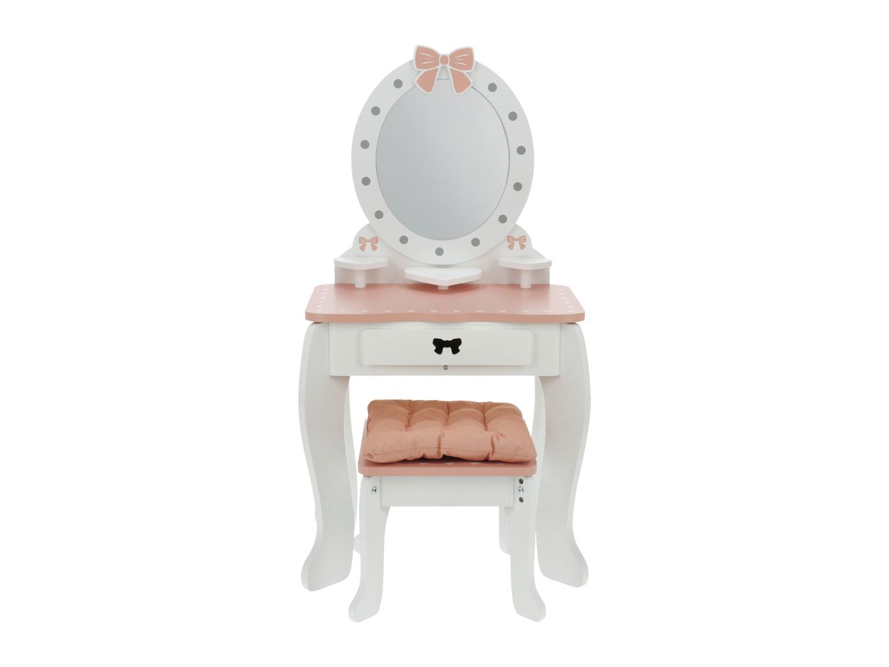 White and pink dressing table with a mirror, drawer, and matching stool with a cushion.
