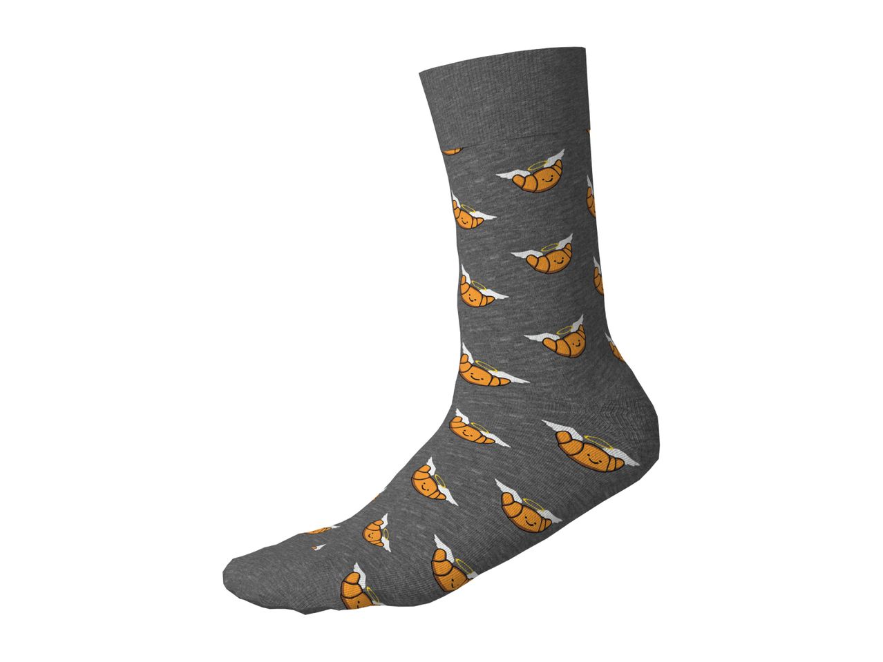 Grey sock featuring a pattern of smiling croissants with angel wings and halos