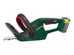 Cordless hedge trimmer with a green body and red accents, featuring a battery pack.