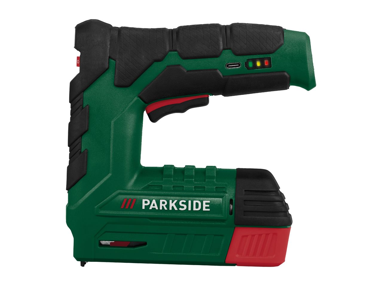 Green and black electric stapler with red accents and a battery indicator.