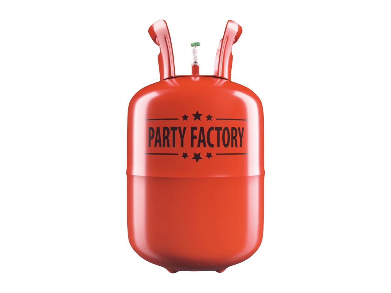 Red helium tank with 'PARTY FACTORY' logo