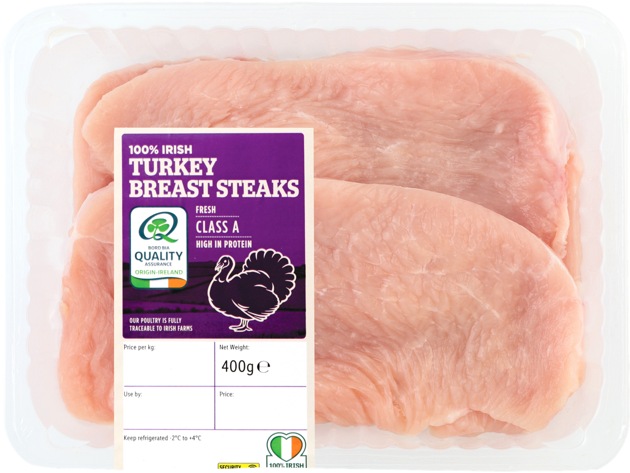 Packaged 100% Irish turkey breast steaks.