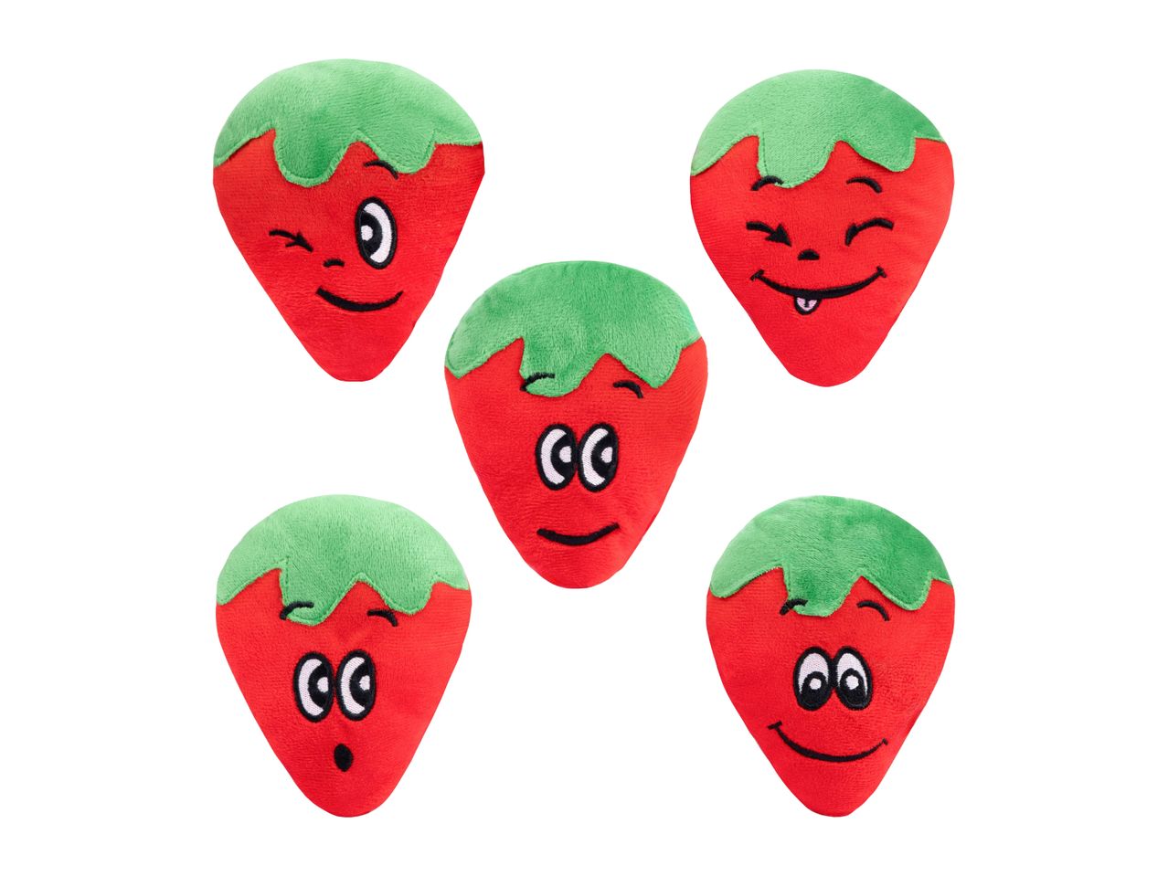 Five plush strawberry toys with different embroidered facial expressions.
