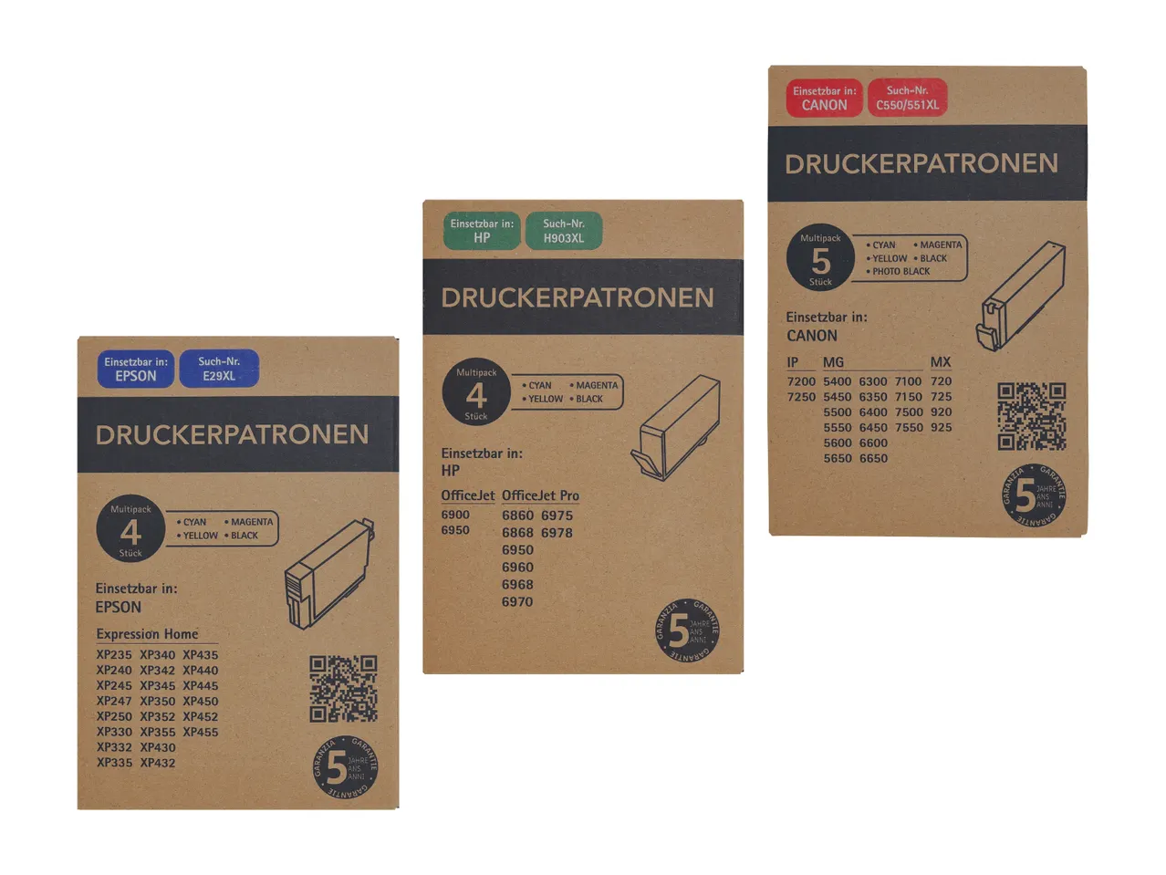 Drei Packungen Druckerpatronen für verschiedene Druckermodelle, jeweils mit Garantie.