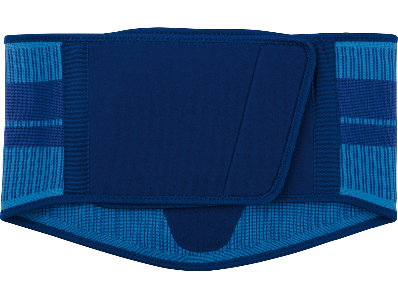 Blue back support belt with textured and smooth panels, and a hook-and-loop closure.