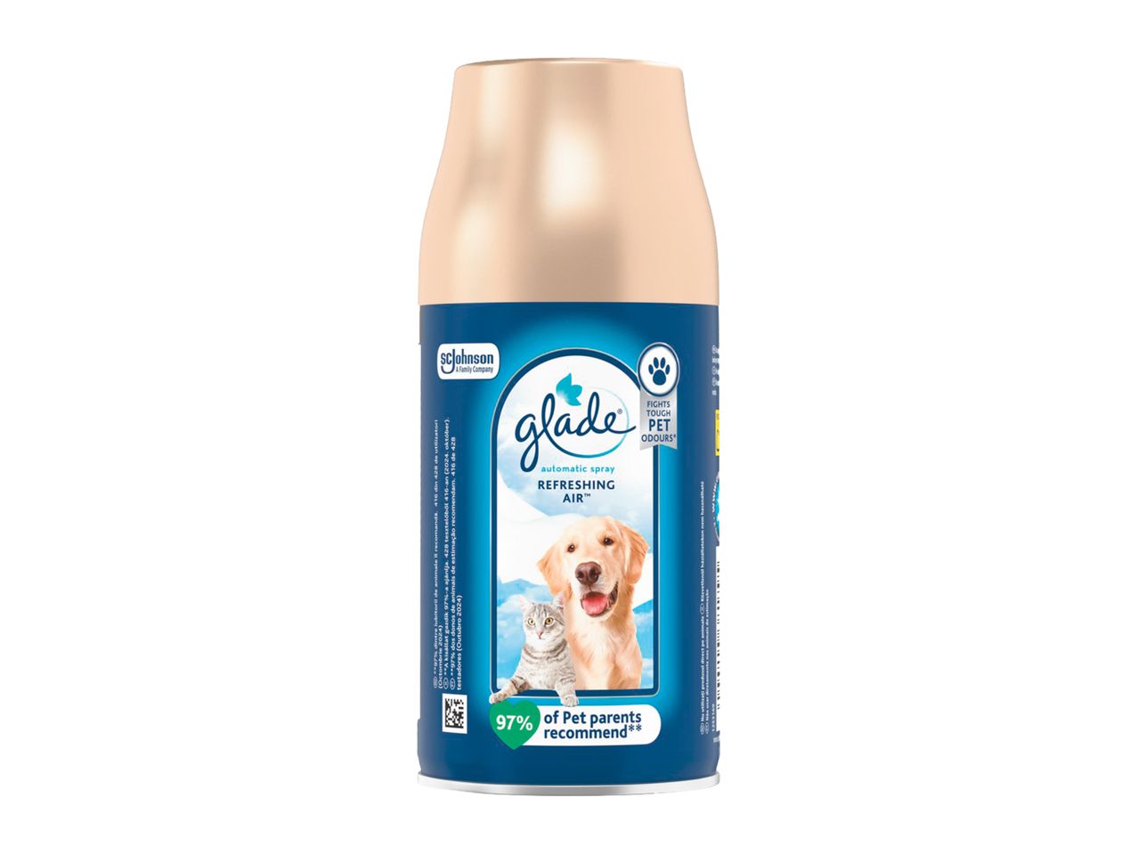 Recipient Glade cu pulverizator automat pentru aer proaspăt, special conceput pentru a combate mirosurile de animale de companie.