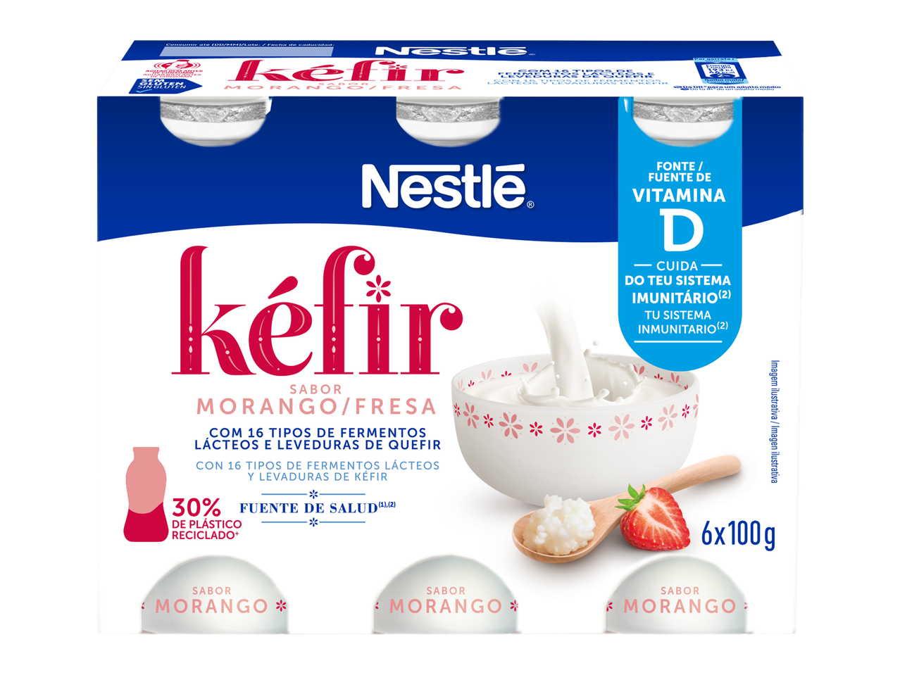 Embalagem de iogurte de kefir de morango com vitamina D, 6x100g.
