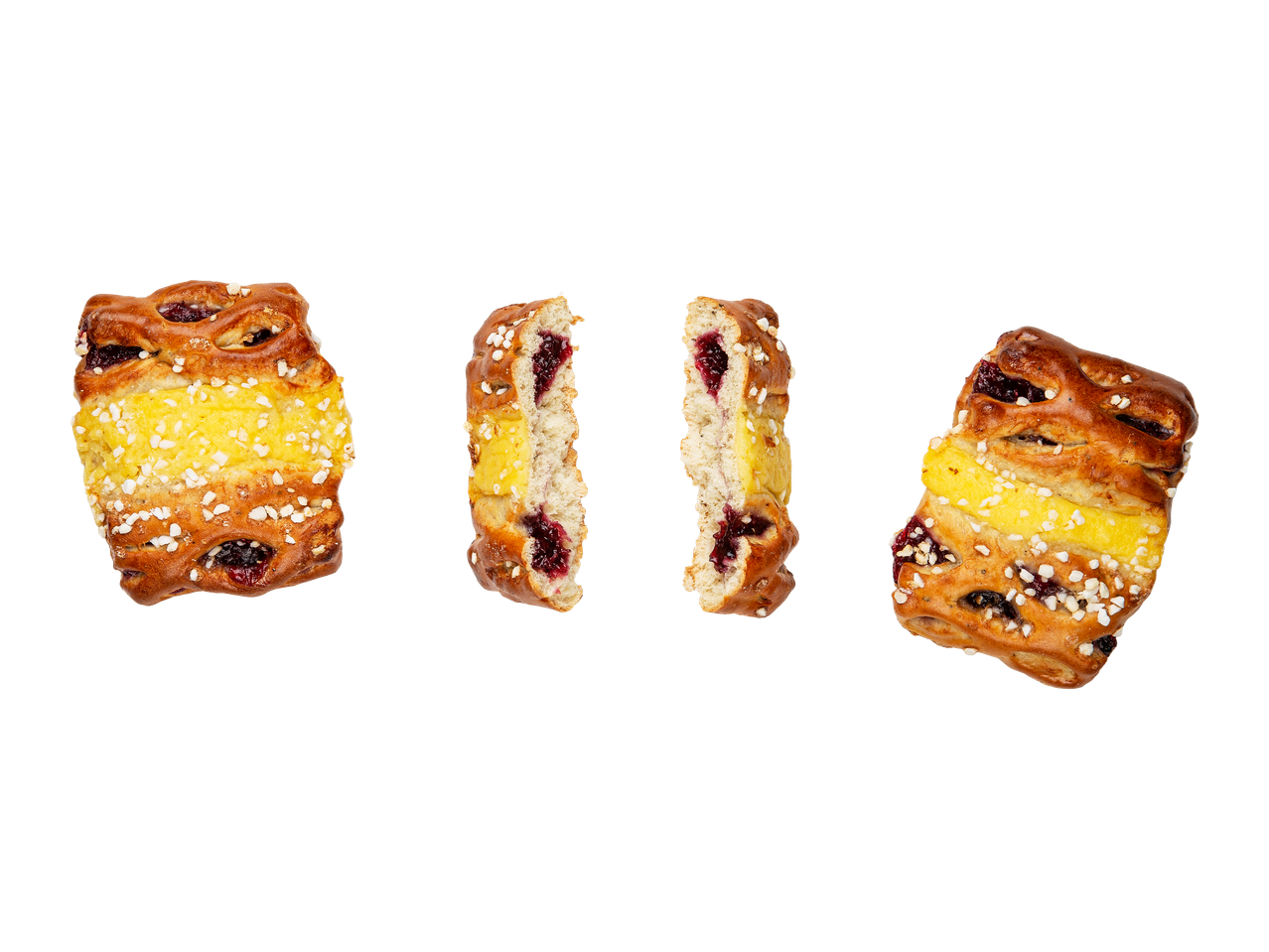 Kolme pullaa, joissa on keltaista täytettä ja marjahilloa, mustalla taustalla.