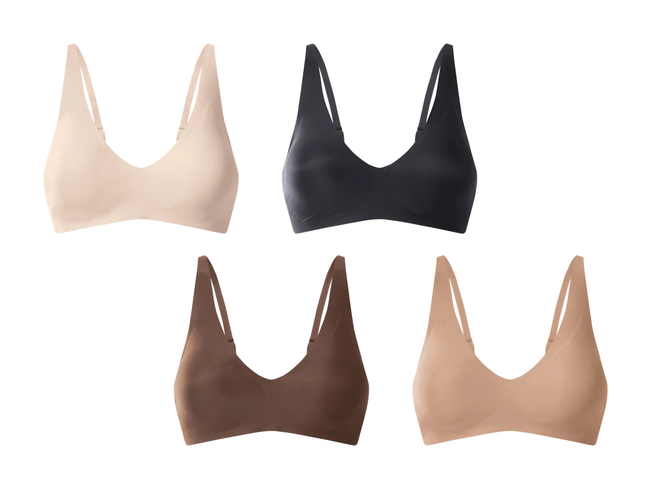 Fünf nahtlose BHs in verschiedenen Farben: Hellbeige, Schwarz, Braun und Nude.