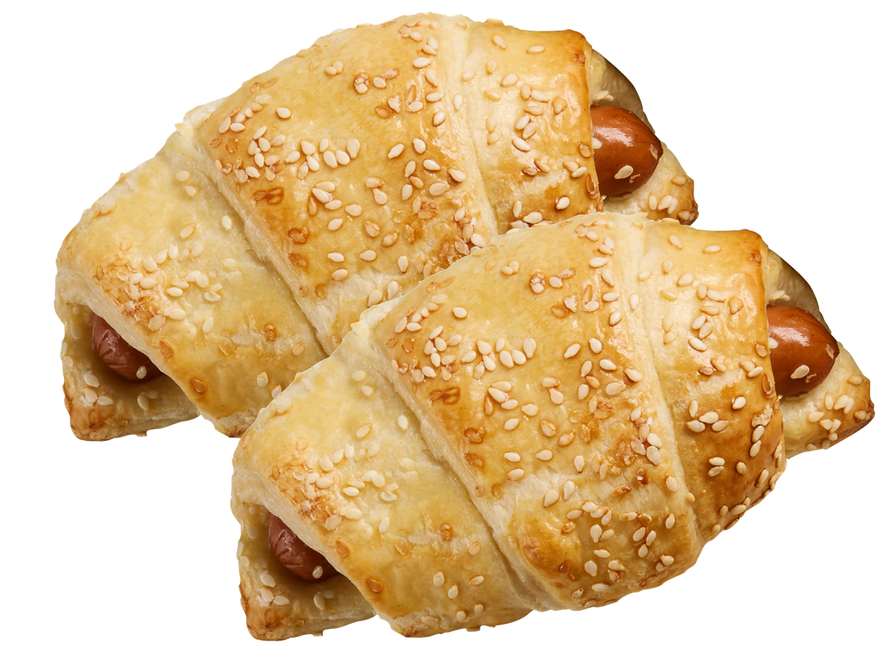 Två croissant med kalkonkorv i med sesamfrön.
