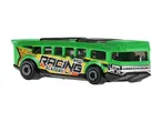 Green toy bus with 'Racing Academy' text and yellow, orange, and black stripes.