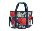 Floral patterned cooler bag with red flowers and blue leaves, featuring top handles and a shoulder strap.