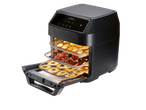 Multi-level air fryer for cooking fruit and meat.