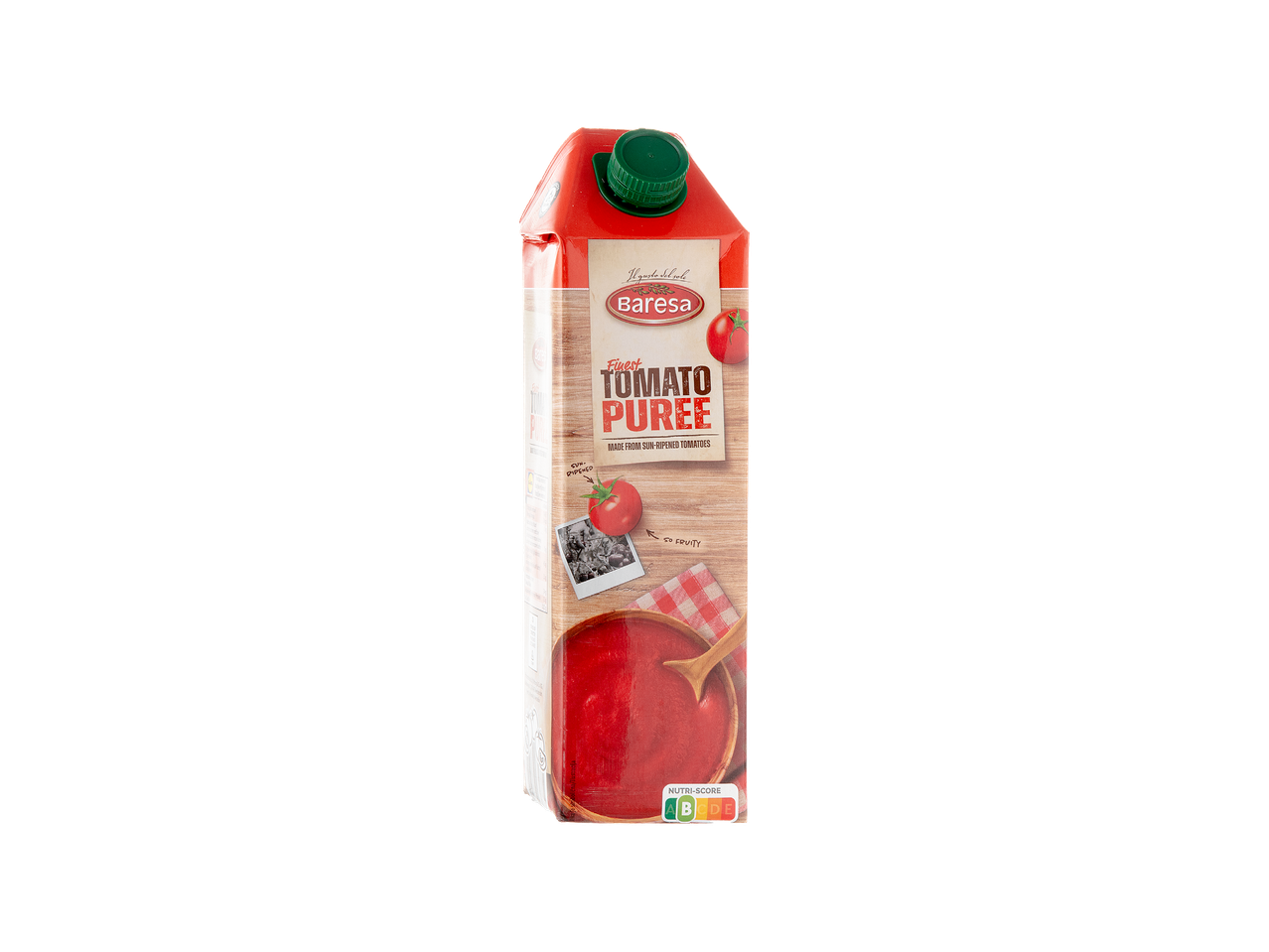 Baresa Finest Tomato Puree u kartonskoj ambalaži s Nutri-Score oznakom.
