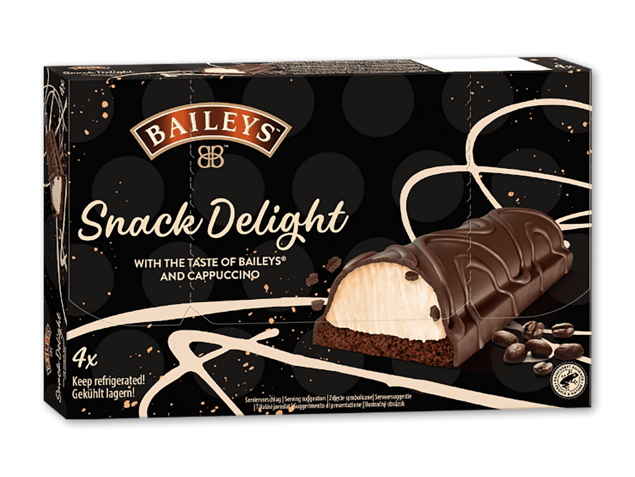 En pakke med 4 chokolade- og cappuccinosnacks med Baileys-smag, der skal opbevares på køl.