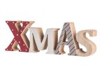 Wooden 'XMAS' sign with red, white, and grey letters, some with patterns.