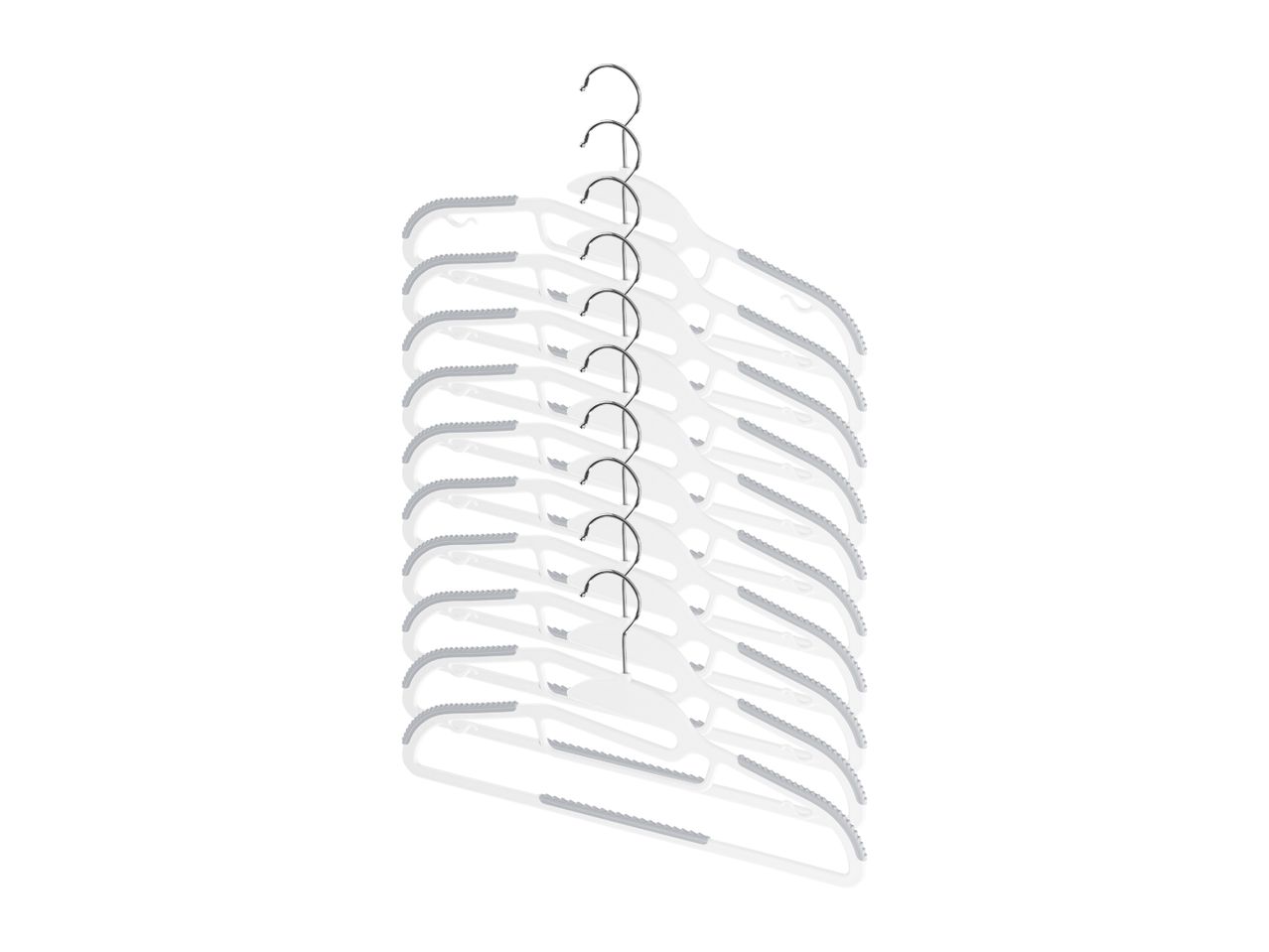 A stack of white plastic clothes hangers with grey non-slip grips and metal hooks.