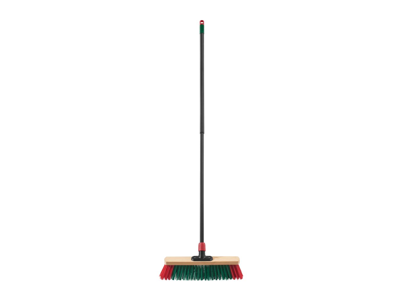 Floor brush with red and green bristles and a black handle.