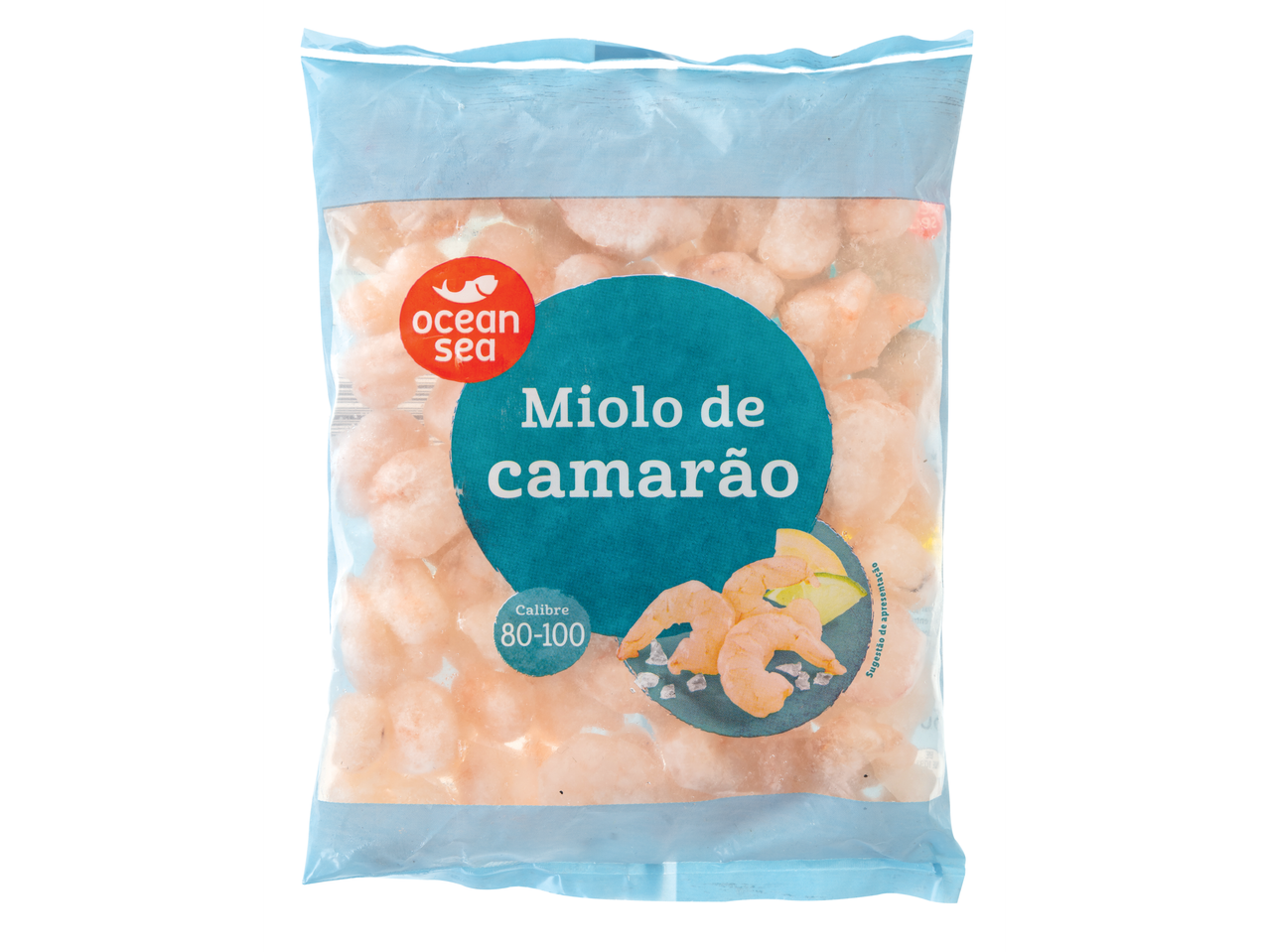 Camarões Ocean Sea congelados (calibre 80-100) em embalagem azul.
