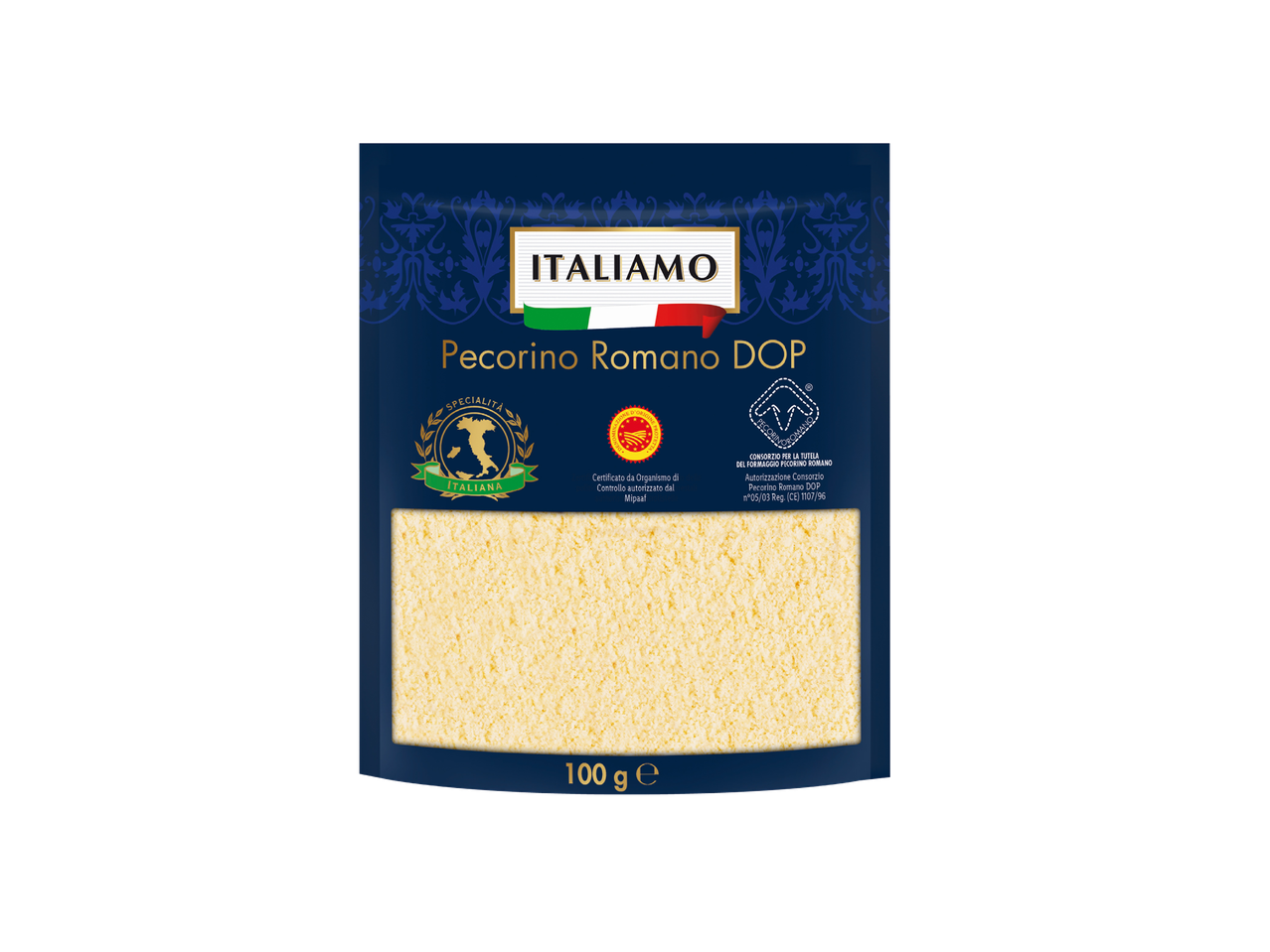 Pakiranje ribanog Pecorino Romano sira s oznakom DOP, 100 g.