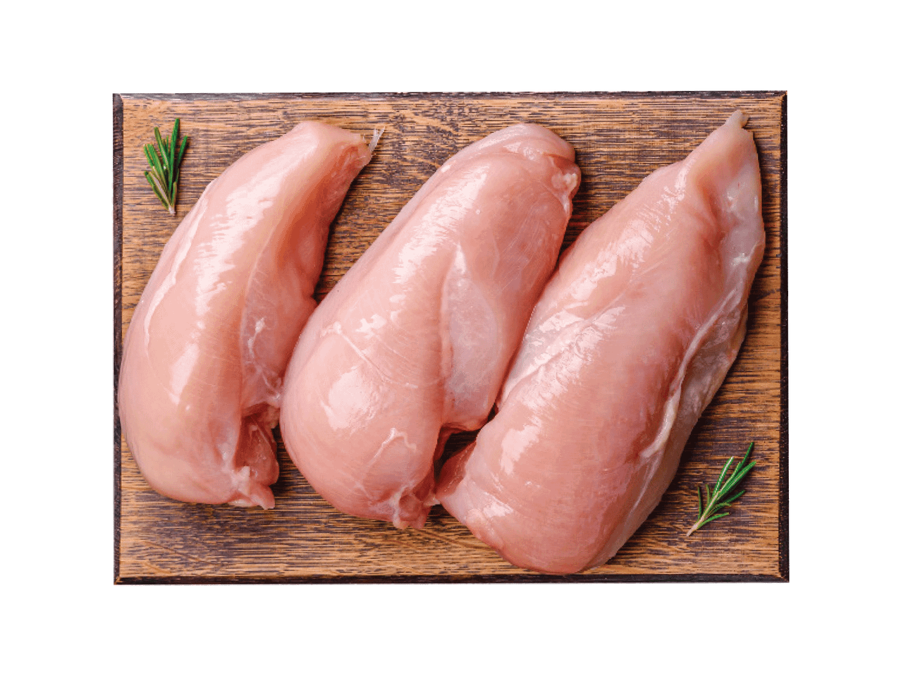 Trys šviežios vištienos krūtinėlės ant medinės lentelės.